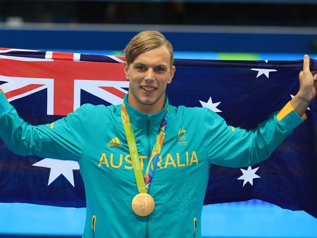 Rio Olympics 2016. The Finals and Semifinals of the swimming on day 05, at the Olympic Aquatic Centre in Rio de Janeiro, Brazil. Kyle Chalmers wth his Gold Medal after winning the MenÕs 100m Freestyle Final. Picture: Alex Coppel.