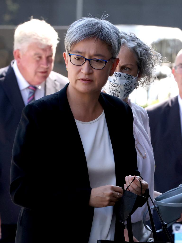 Penny Wong arrives at the funeral. Picture: NCA NewsWire / David Geraghty.