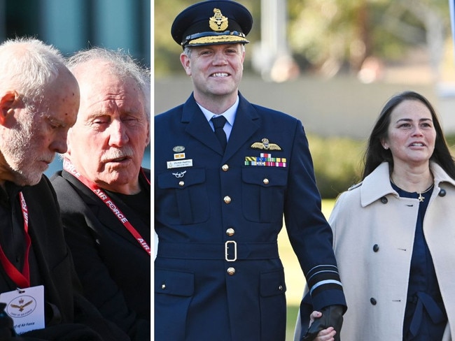 Air Marshal Stephen Chappell at the Chief of Air Force Change of Command Parade in Canberra on Wednesday, right; Australian Test playing uncles Trevor and Ian Chappell, left.