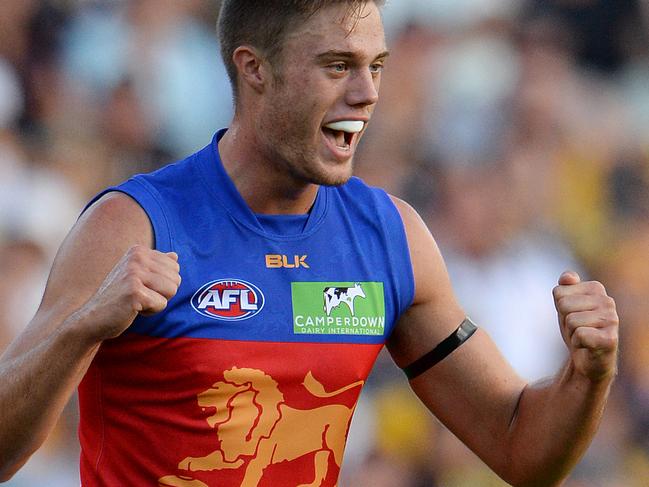 SPORT - AFL Round 1, West Coast Eagles vs Brisband Lions, Subiaco Oval, Perth. Photo by Daniel Wilkins. PICTURED- Brisbane's Josh Schache celebrates a goal in the first term