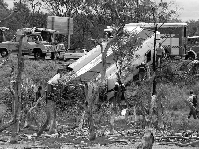 The Wide Bay Tour bus on its side at Boondall on October 24, 1994.