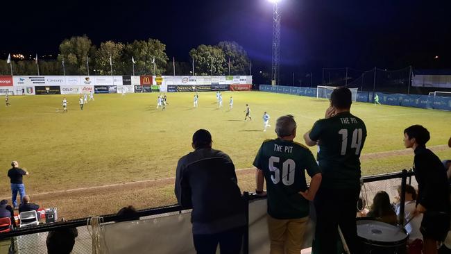 Loyal Western Pride fans watch anxiously as their team battle hard in the Football Queensland Premier League 1 semi-final against Brisbane City. Picture: David Lems