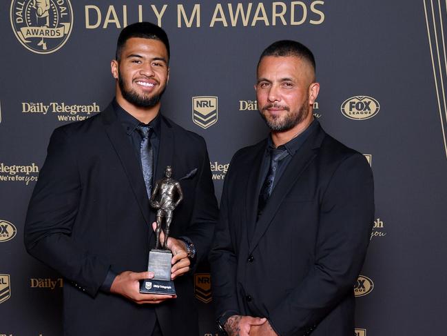 Payne Haas pictured with his father Gregor Haas. Picture: NRL Photos/Gregg Porteous