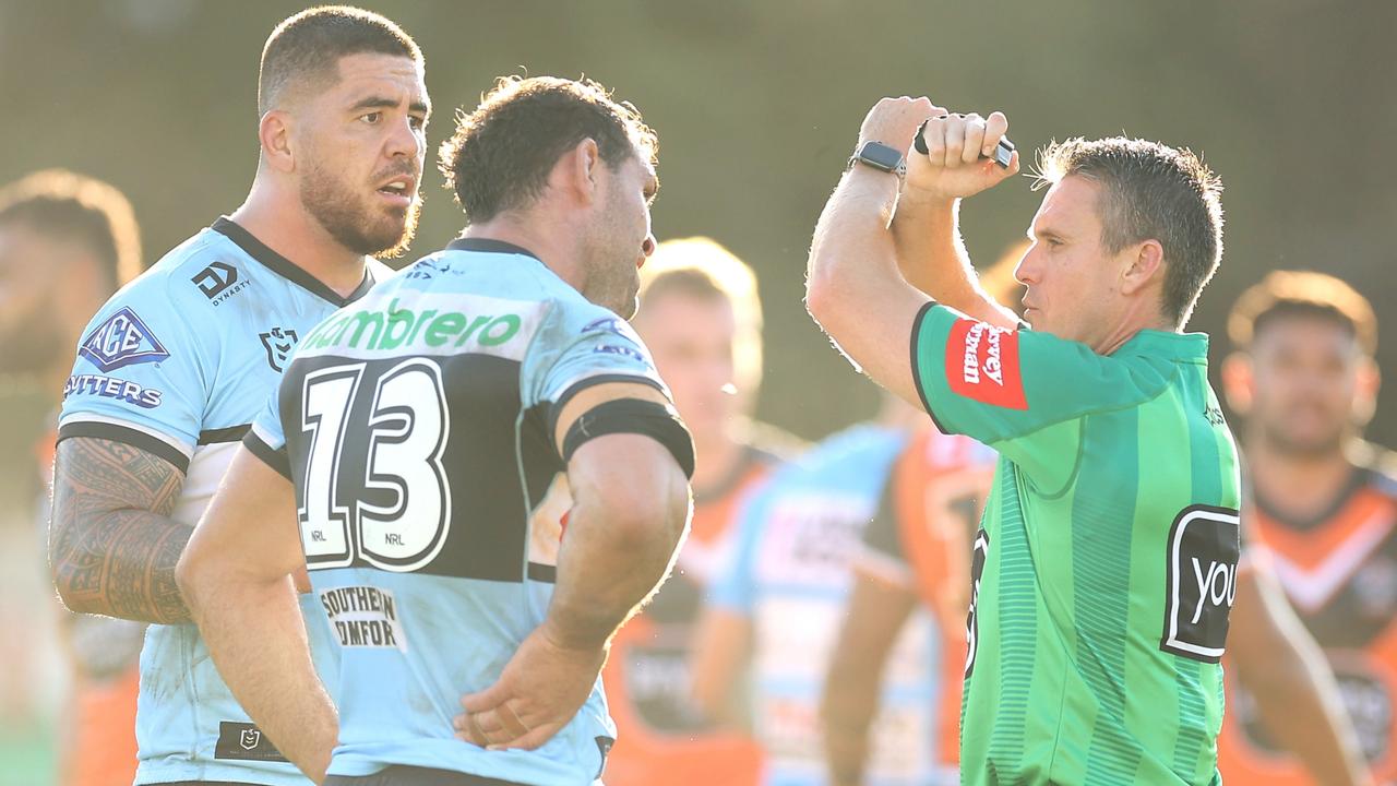 SYDNEY, AUSTRALIA - APRIL 10: Braden Hamlin-Uele and Dale Finucane of the Sharks show their frustration as the referee places Braden Hamlin-Uele on report during the round five NRL match between the Cronulla Sharks and the Wests Tigers at PointsBet Stadium, on April 10, 2022, in Sydney, Australia. (Photo by Mark Kolbe/Getty Images)