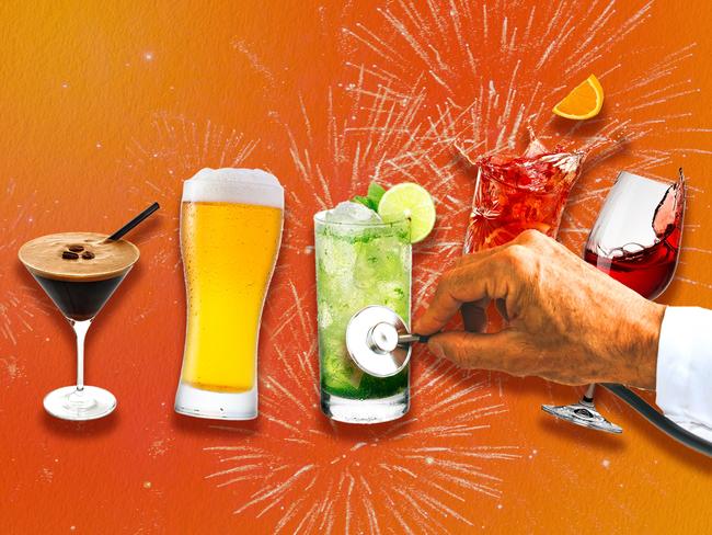 24 December 2024; A collage of various alcoholic drink on an orange and yellow gradient background with a doctor's hand with a stethoscope doing a check up on the mojito. Collage. Sources: supplied. Ratio 4:3.