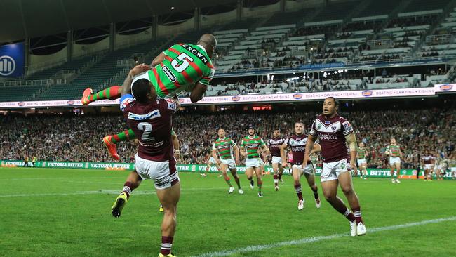 Lote Tuqiri scores for Souths during the Manly Sea Eagles v South Sydne. Pic Mark Evans