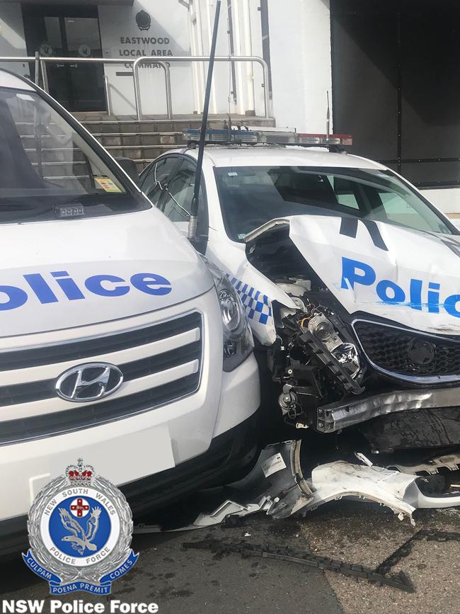 The damage to the parked police car. Picture: NSW Police Media