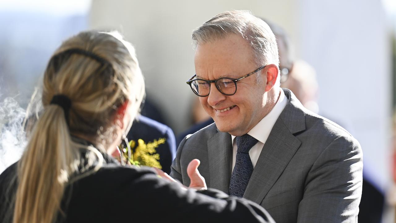 Prime Minister Anthony Albanese during a welcome to country smoking ceremony at the swearing in of the Governor-General. Picture: Martin Ollman