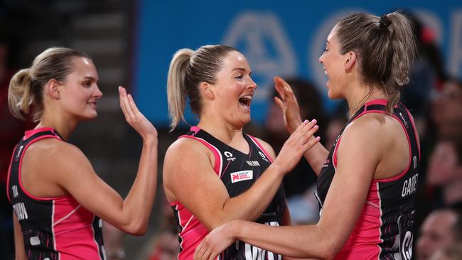 Adelaide Thunderbirds celebrate a goal. Picture: Jason McCawley/Getty Images