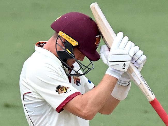 BRISBANE, AUSTRALIA - APRIL 17: Marnus Labuschagne of Queensland shows his disappointment after losing his wicket and scoring 192 runs during day three of the Sheffield Shield Final match between Queensland and New South Wales at Allan Border Field on April 17, 2021 in Brisbane, Australia. (Photo by Bradley Kanaris/Getty Images)