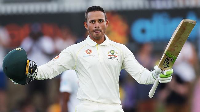 Usman Khawaja celebrates his century at Canberra’s Manuka Oval. Picture. Phil Hillyard