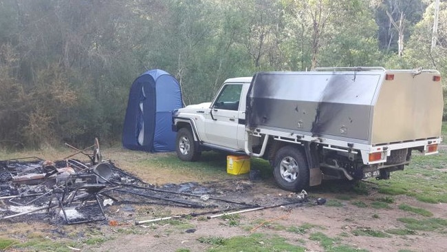 Russell Hill and Carol Clay’s burnout campsite photographed by a camper in the Wonnangatta Valley. Picture: ABC