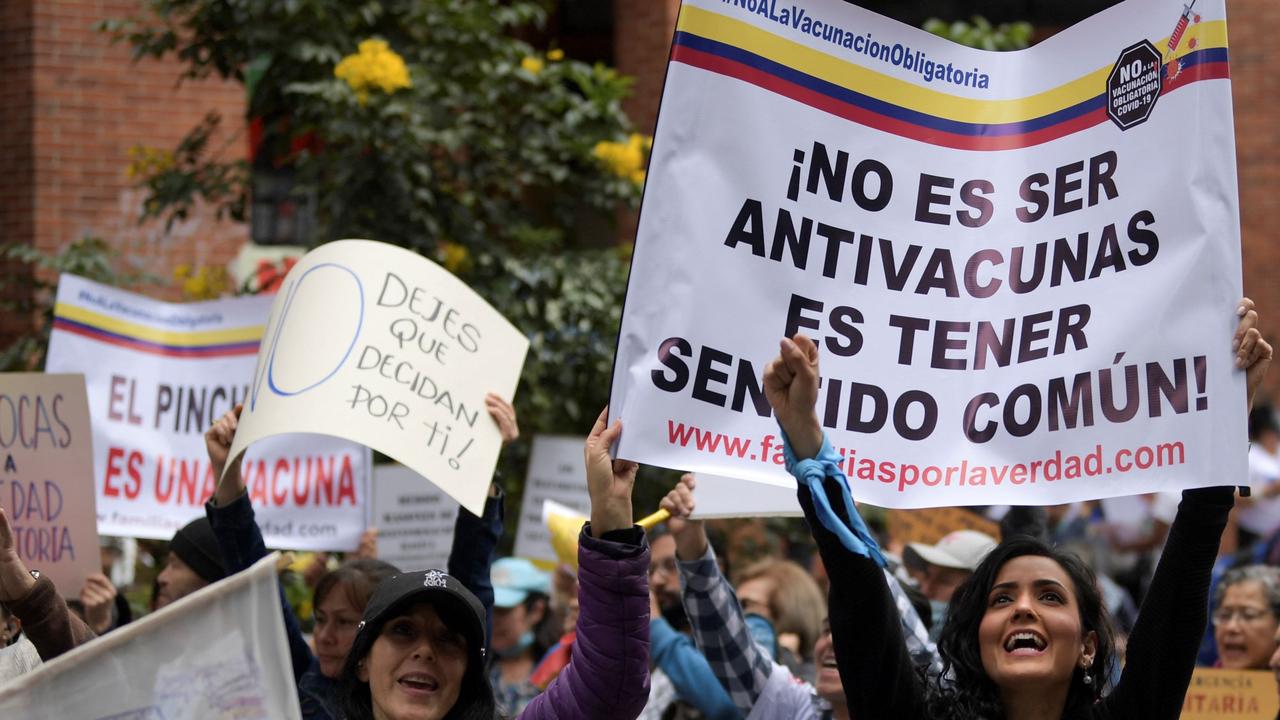 An anti-vaccination protest in Bogota, Colombia where the Mu variant emerged in January and is on the increase. Picture: Raul Arboleda/AFP