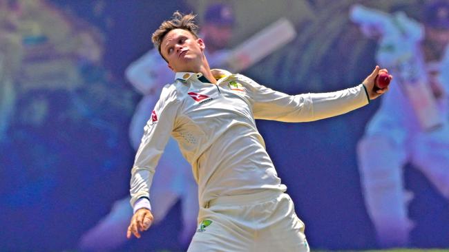 Australia's Matthew Kuhnemann bowls during the first day of second test cricket match between Australia and Sri Lanka at the Galle International Cricket Stadium in Galle on February 6, 2025. (Photo by Ishara S. KODIKARA / AFP)