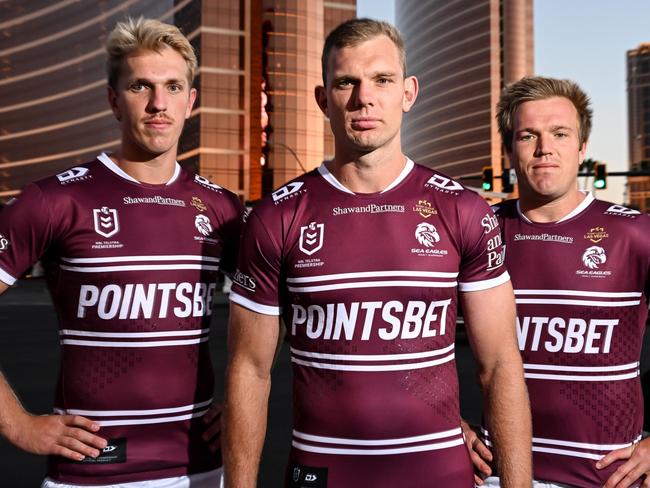 DO NOT PUBLISH BEFORE SAT 2ND MARCH 2024 NO AUS/ NEWS.COM,  ....WARNING.......WARNING. WEEKEND TELEGRAPHS SPECIAL.  MUST TALK WITH PIC ED JEFF DARMANIN BEFORE PUBLISHING.    L/R   Bothers Ben  , Tom &  Jake Trbojevic in Las Vegas ahead of the NRL launch.  MUST CREDIT by Grant Trouville