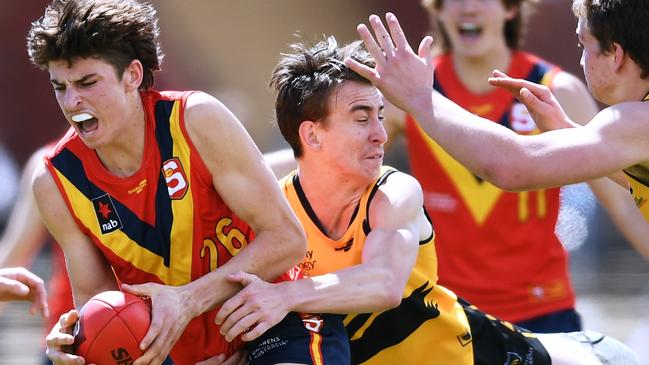 Brady Hough tackles SA’s Shay Linke during the under-19 carnival. Picture: Mark Brake/AFL Photos