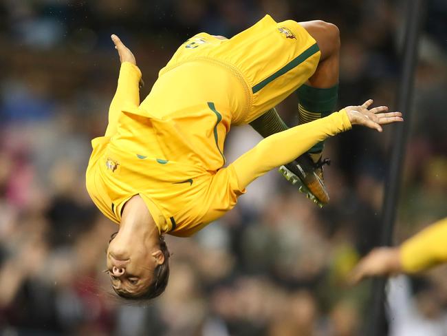 NEWCASTLE, AUSTRALIA - SEPTEMBER 19: Sam Kerr of the Matildas celebrates a goal during the Women's International match between the Australian Matildas and Brazil at McDonald Jones Stadium on September 19, 2017 in Newcastle, Australia.  (Photo by Tony Feder/Getty Images)