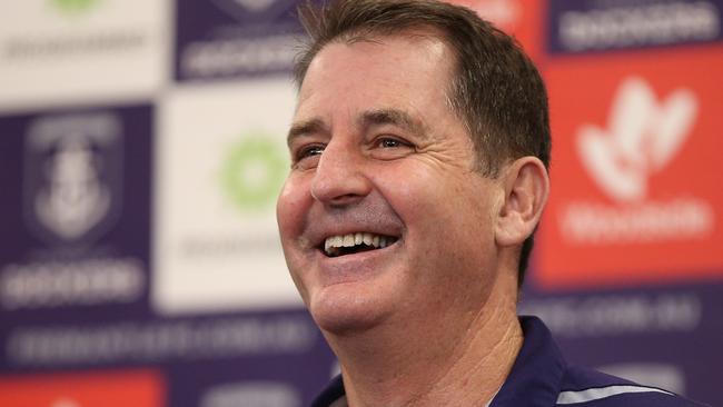 Dockers coach Ross Lyon addresses the media on Wednesday. Pic: Getty Images