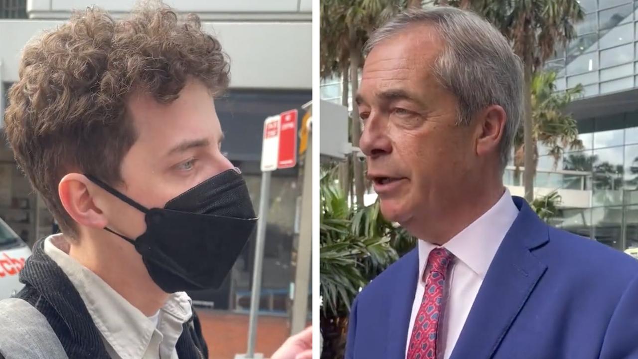 UK political commentator Nigel Farage found himself in a bitter feud with a Sydney protester upon leaving CPAC on Saturday. Picture: Twitter / @Nigel_Farage