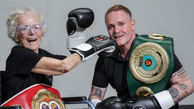 Great granny Elsie Humphrey (91) has taken up boxing at Hitfit. She is pictured with gym founder Lester Ellis. Picture: Ian Currie