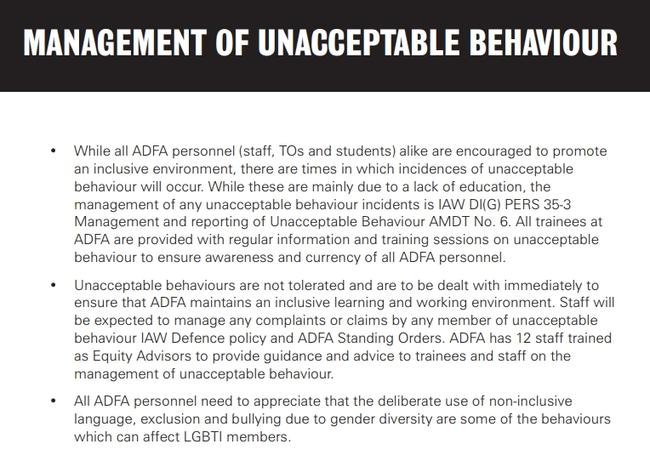 How the ADF outlines unacceptable behaviour.