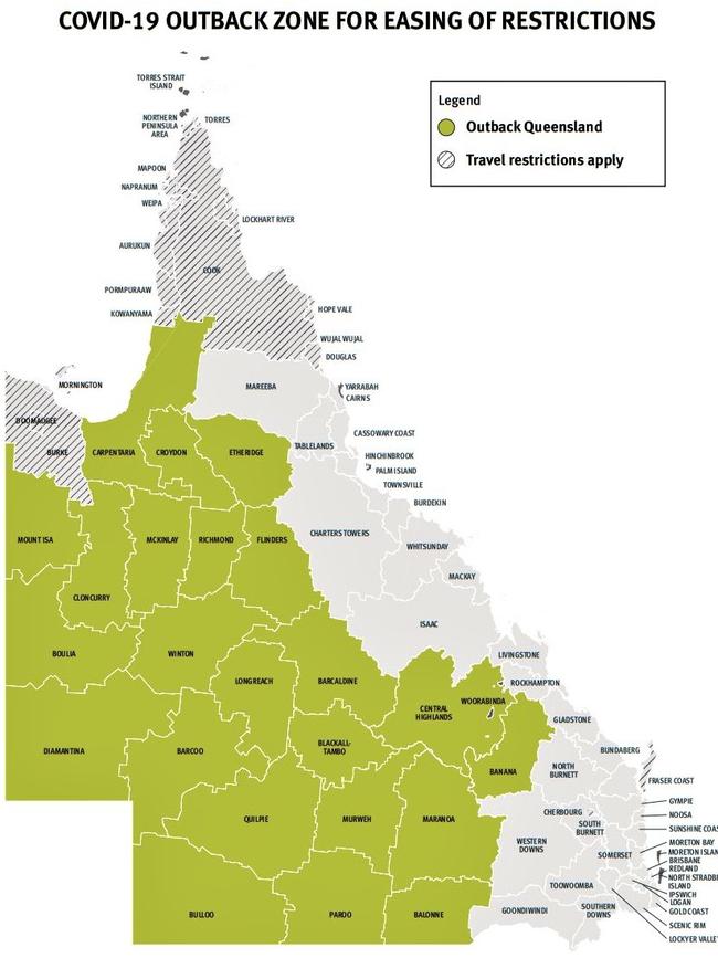 A map of the COVID-19 outback zone for easing of restrictions.