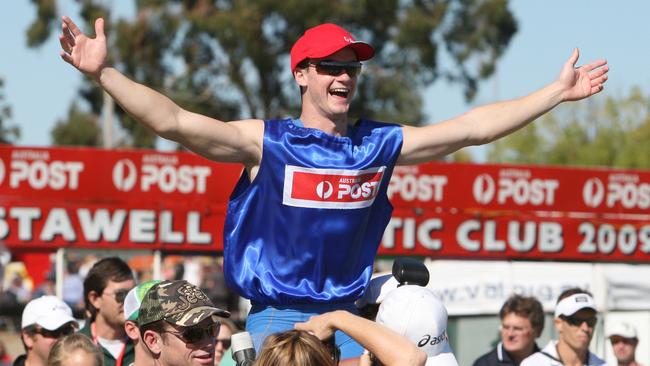 Elation for Aaron Stubbs after winning the 2009 Stawell Gift. Stubbs is now eyeing victory at this Sunday’s Kensington Gift, which will be live streamed on advertiser.com.au