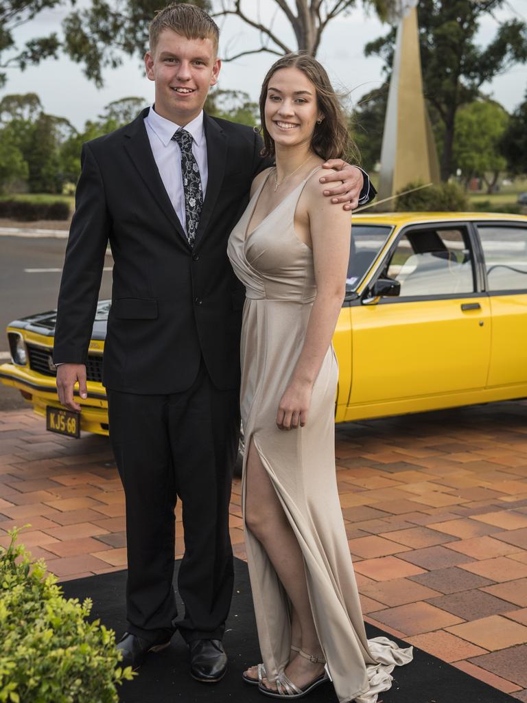 Colby Samuelsen with partner Jessica Pinkney arrive at Wilsonton State High School formal at USQ, Wednesday, November 18, 2020. Picture: Kevin Farmer