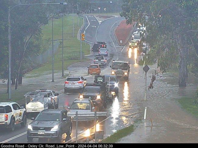 Flooding 2: Oxley Creek Crossing at Goodna Rd in Greenbank at 6.30am Thursday. Pics via Logan City Council flood cameras