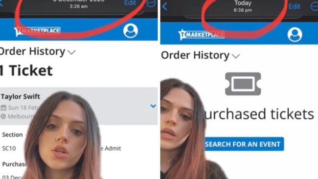 Ticketek blamed the incident on a glitch and assured the woman her ticket was back in her account. Source: thesmeds/TikTok
