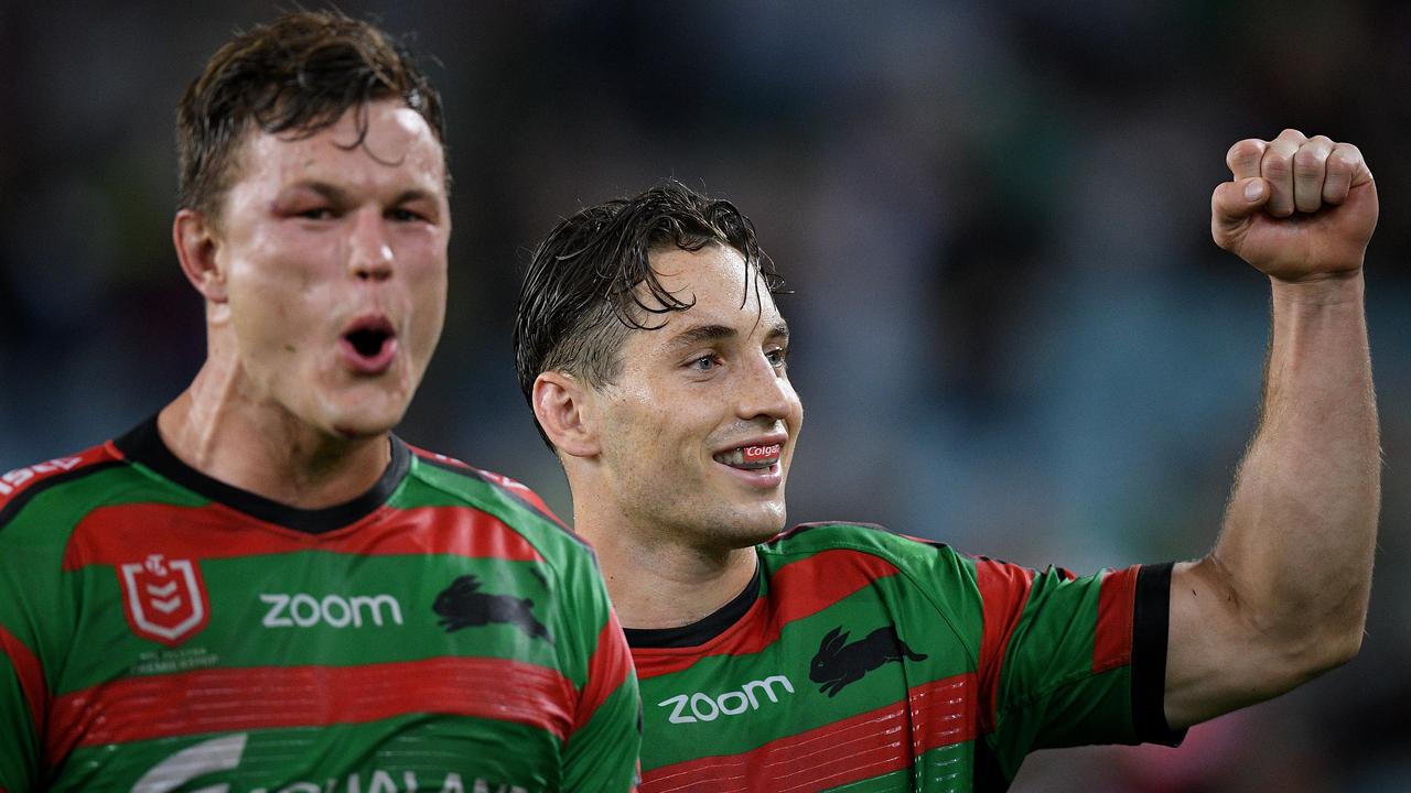 Liam Knight and Cameron Murray celebrate the Bunnies’ win over Manly in the finals