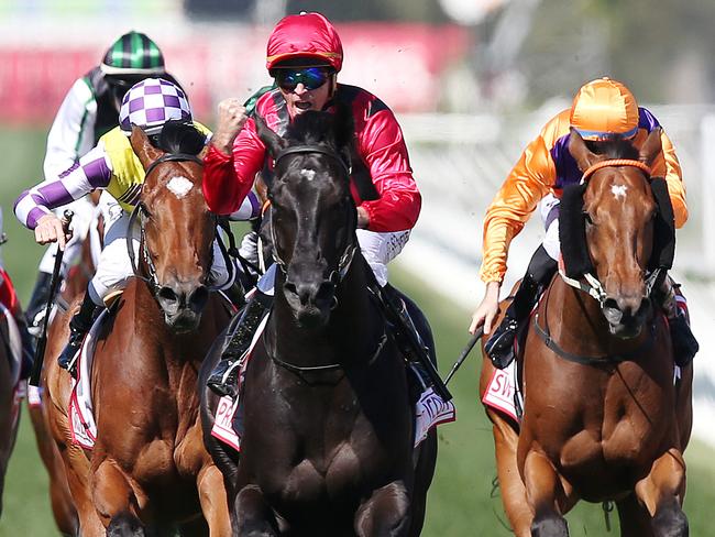 Derby Day races at Flemington. Race 7.  The Victoria Derby.  Glen Schofield celebrates aboard Prized Icon after winning the Derby    . Pic : Michael Klein