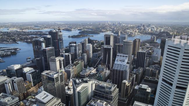 View of Sydney, toward Darling Harbour and Barangaroo, from Sydney Tower Eye. Picture: Dylan Robinson