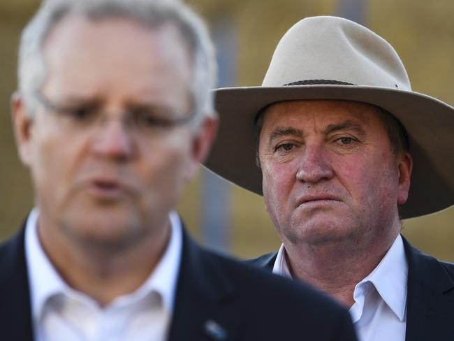 Drought envoy Barnaby Joyce attends a news conference with Australian Prime Minister Scott Morrison during an announcement at Royalla near Canberra, Thursday, September 20, 2018. (AAP Image/Lukas Coch) NO ARCHIVING