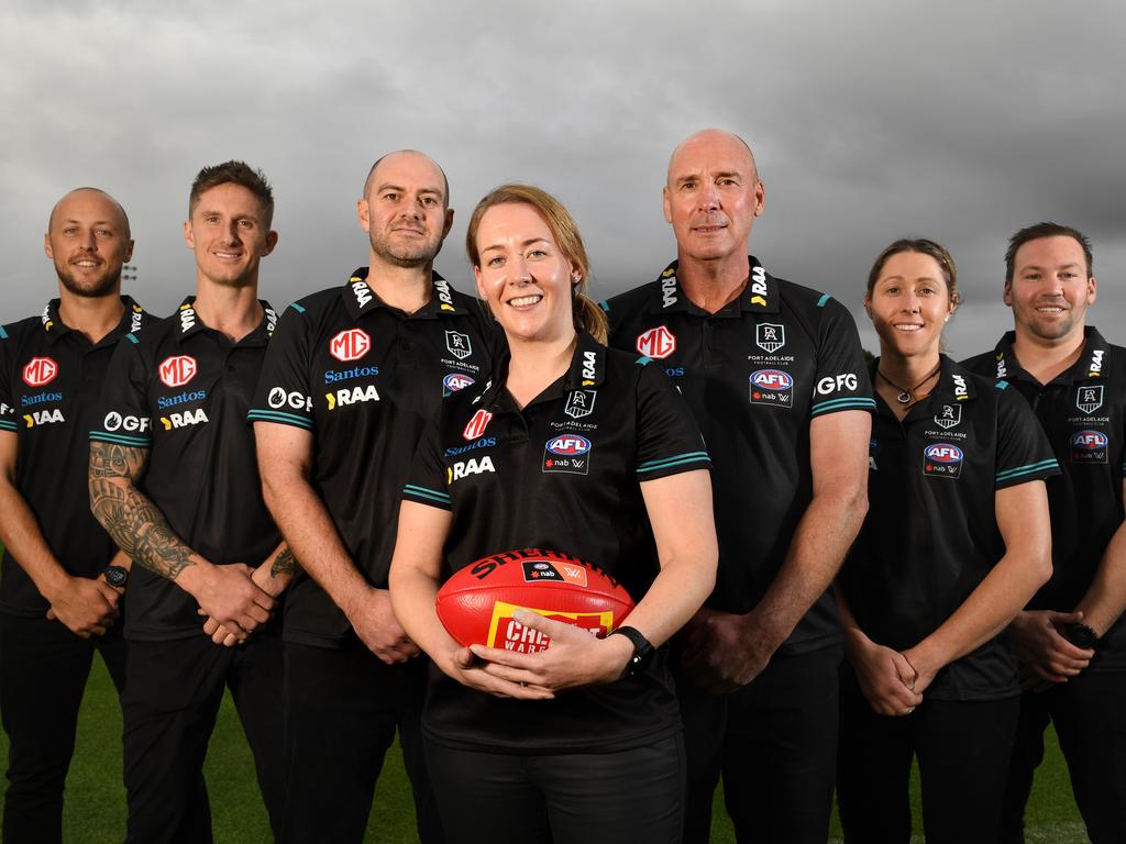 Arnell (centre) leads a seven-person coaching panel for Port’s inaugural season comprising (from left) Cam Sutcliffe, Hamish Hartlett, Dave Reynolds, Clayton Lamb, Renee Forth and Daniel Care. Picture: Tricia Watkinson