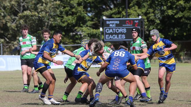 Action galleries of the junior rugby union grand finals, match played at Surfers Paradise Home Ground. Gold Coast Eagles Vs Currumbin Alligators under 16s division. Picture Mike Batterham