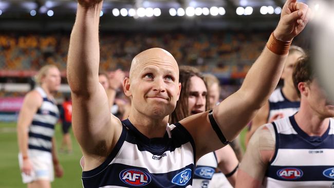 Gary Ablett points to his family after the win on Saturday night. Picture: Michael Klein