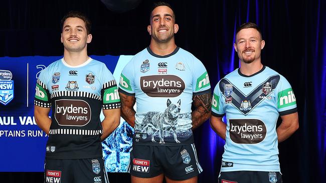 Cook in the new NSW jersey with Cameron Murray and Paul Vaughan. Photo: Brett Costello