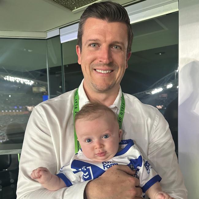 Canterbury CEO Aaron Warburton with his son Oliver at his first NRL game.