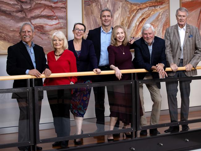 Original staff members of The Australian Yvette Grady for the 60th Anniversary magazine (L-R) George Calvi, Sandra Hall, Editor-in-Chief Michelle Gunn, Editor Kelvin Healy, Yvette Grady, Warren Beeby and John Cowley. Jane Dempster/The Australian.