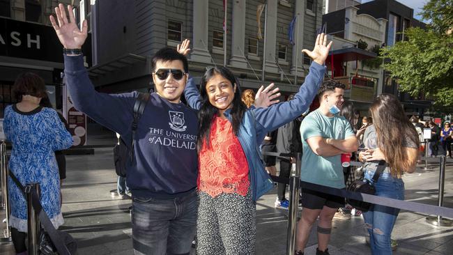 Justin Chan and Sonia Nath are the first in line for the Myer Boxing Day Sales in Rundle Mall, SA. Picture: Emma Brasier