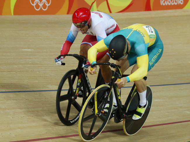 RIO DE JANEIRO, BRAZIL - AUGUST 14: Denis Dmitriev (L) of Russia and Matthew Glaetzer (R) of Australia compete in the Men's Sprint Final for Bronze Race 2 on Day 9 of the Rio 2016 Olympic Games at the Rio Olympic Velodrome on August 14, 2016 in Rio de Janeiro, Brazil. (Photo by Bryn Lennon/Getty Images)