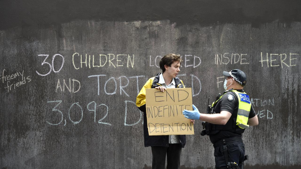 Protesters outside where Novak Djokovic is being held in immigration detention. Picture: NCA NewsWire / Andrew Henshaw