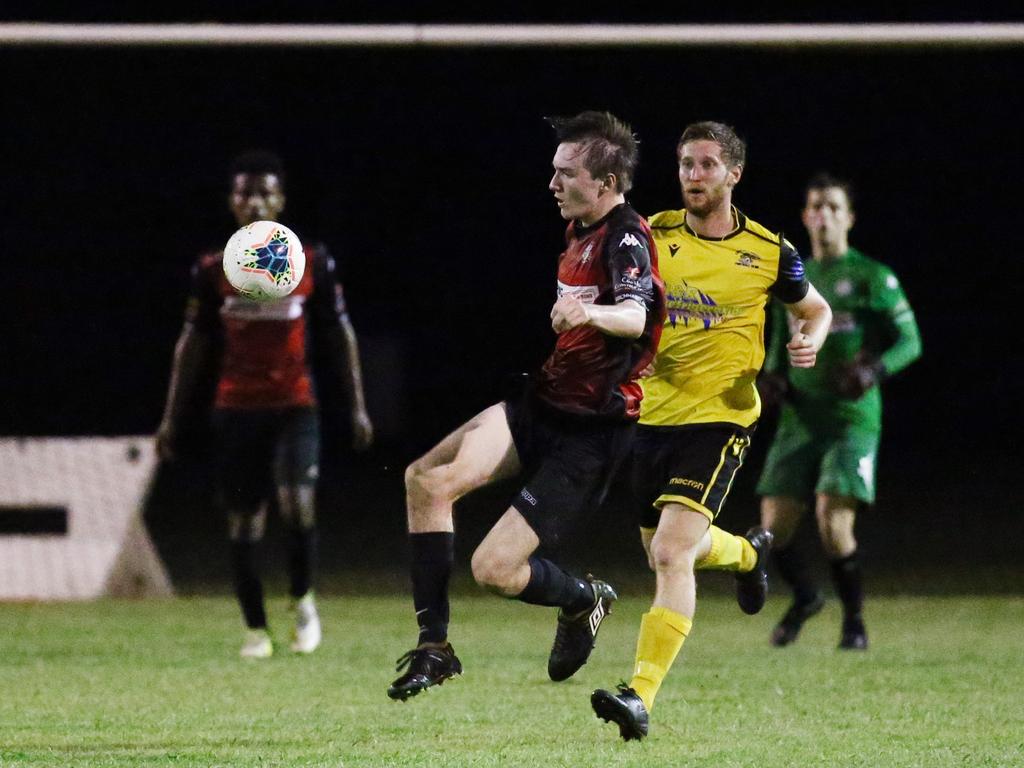 Lions' Declan McAlister is first to the loose ball in the FNQ Premier League men's match between the Edge Hill Tigers and the Leichhardt Lions, held at Tiger Park, Maunda. Picture: Brendan Radke