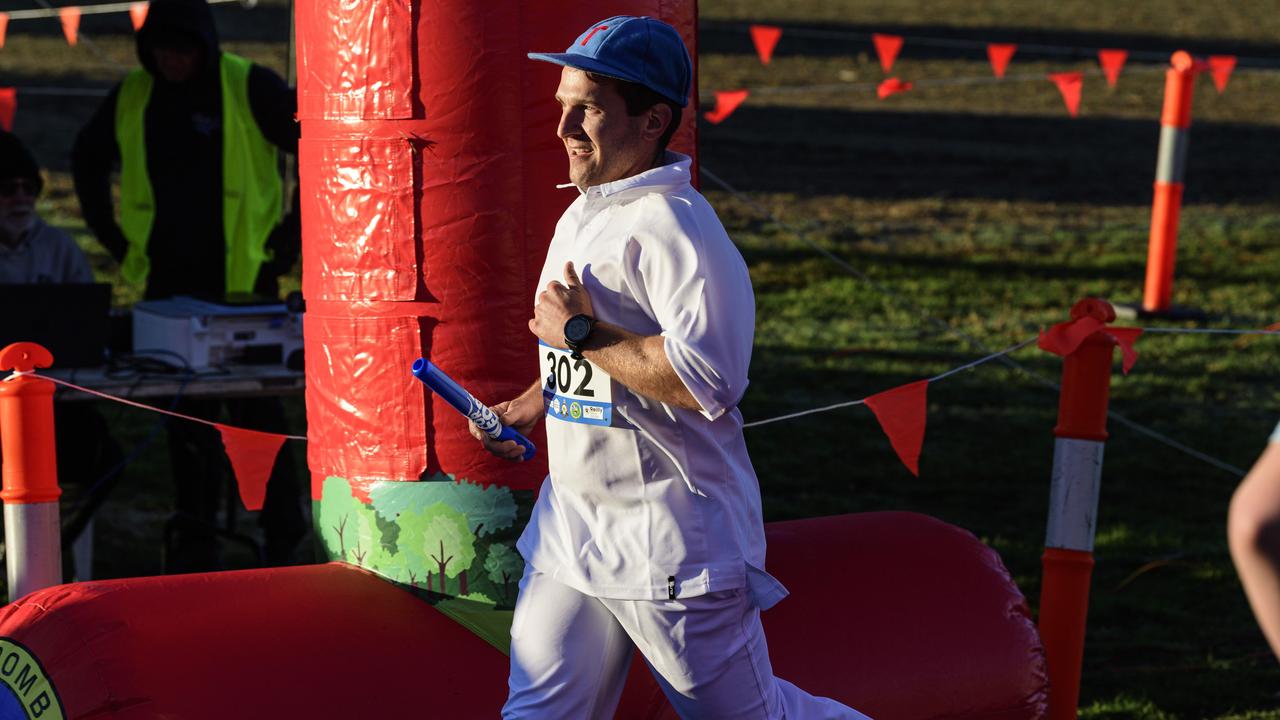 Jeremy Cox takes off for team Silly Mid-Offs in the 40 for Fortey relay at Toowoomba Showgrounds, Sunday, June 8, 2025. Picture: Kevin Farmer