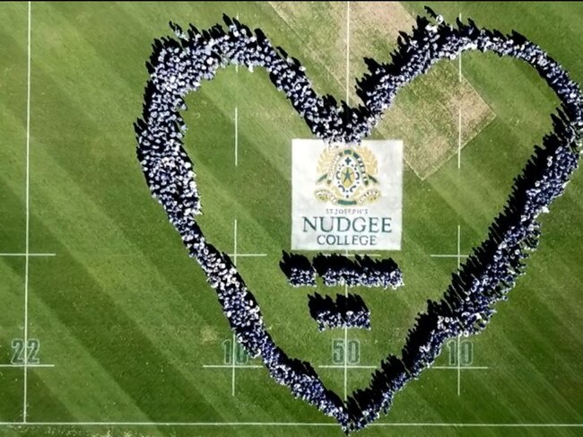 10,000 people gathered at Nudgee College in Brisbane to make this amazing tribute for Alexander Clark. Picture: Nudgee College