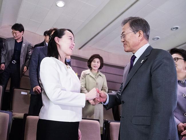 Kim Jong-un’s sister Kim Yo-jong and South Korean President Moon Jae-in shake hands in Seoul. Picture: South Korean Presidential Blue House/Getty Images