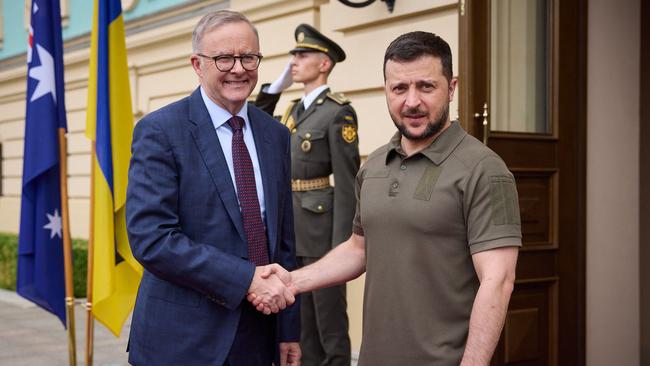 Prime Minister Anthony Albanese with Ukrainian President Volodymyr Zelensky. Picture: Ukrainian Presidential Press Service/AFP