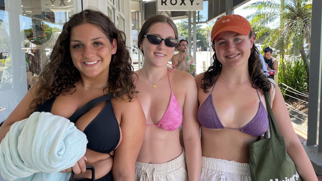 Layla Trask, 18, Kate Hosking, 18, and Alice Bohun, 18, at Byron Bay Schoolies celebrations. Picture: Sam Stolz