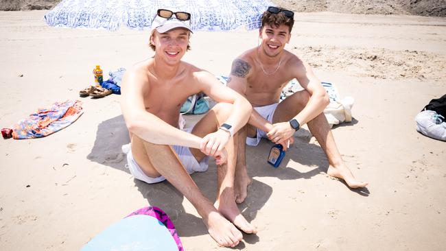 Finn Whitlock, 19, from Unley and Pietro Rugai, 18, from Glenside, at North Glenelg Beach. Picture: Morgan Sette